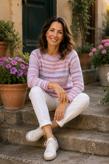 Pink Multi Stripe Jumper With Round Neck