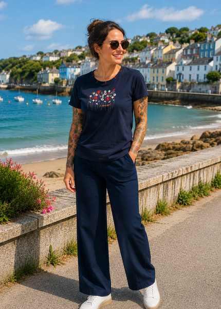 T shirt embroidered flower print braided neck