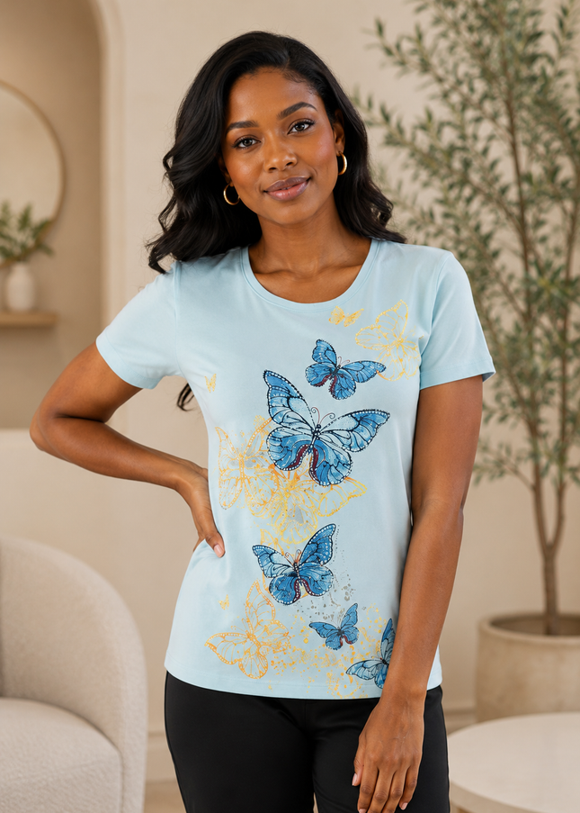 T Shirt butterfly print round neck short sleeve