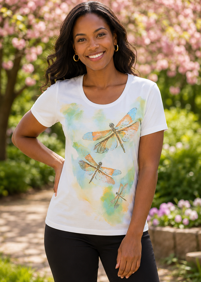 T Shirt dragonfly print round neck short sleeve.