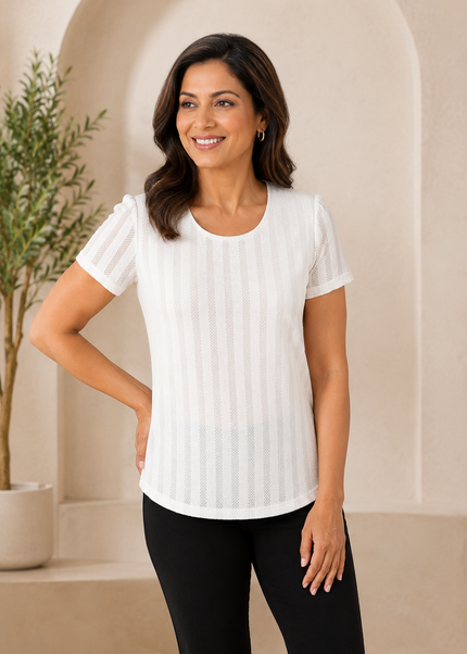 Top textured stripe top round neck short sleeve