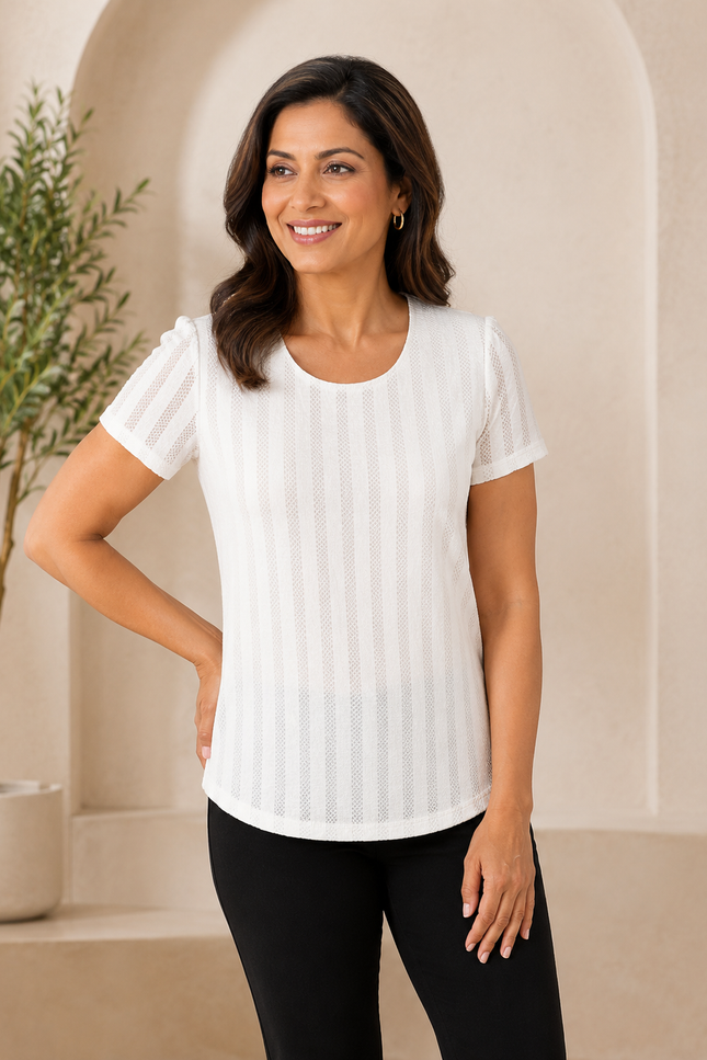 Top textured stripe top round neck short sleeve