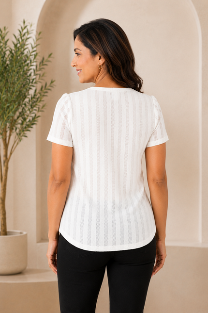 Top textured stripe top round neck short sleeve