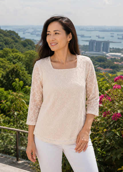 Top pink lace square neck with 3/4 sleeve.