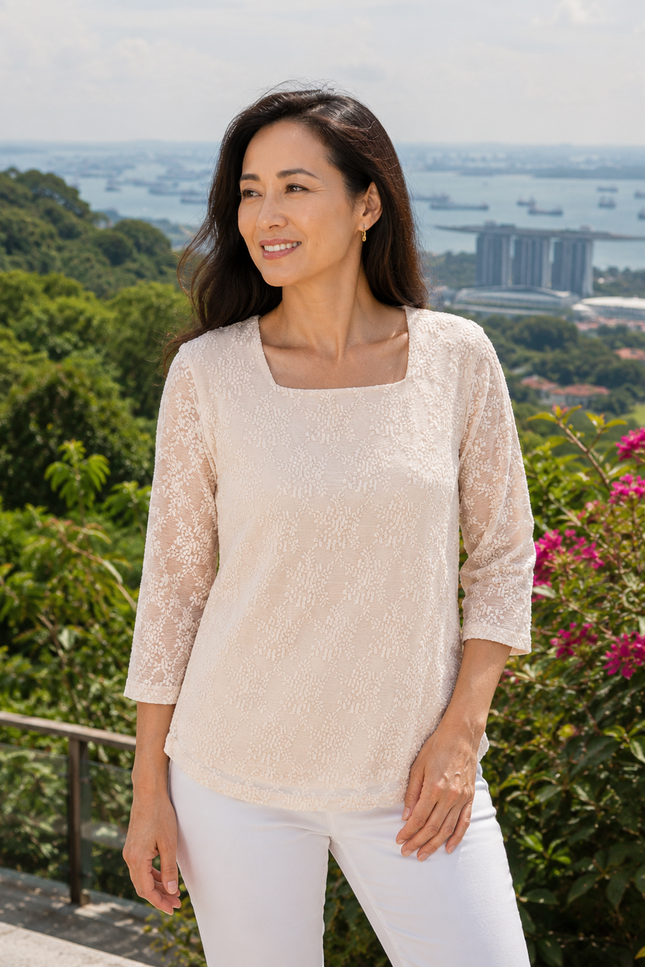 Top pink lace square neck with 3/4 sleeve.