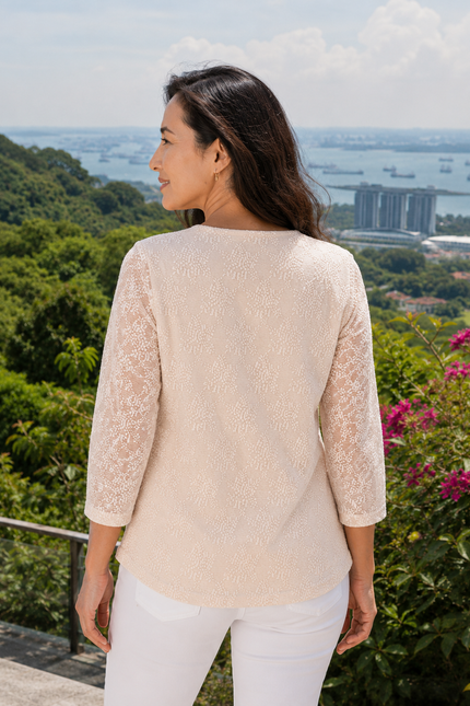 Top pink lace square neck with 3/4 sleeve.