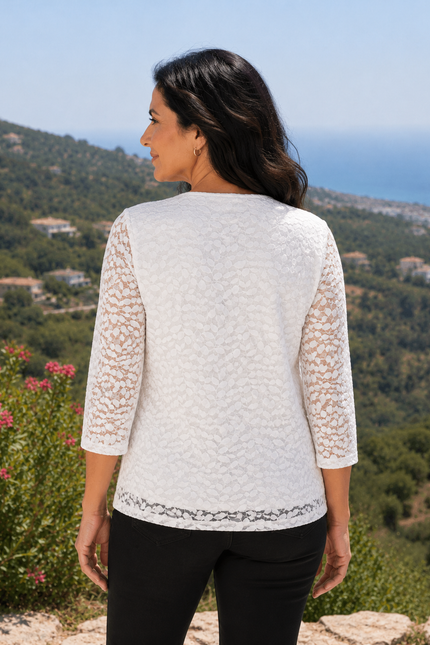 Top lace with square neck short sleeve.