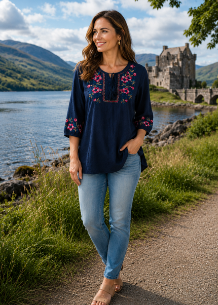 Tunic Embroidered Round Neck 3/4 Sleeve