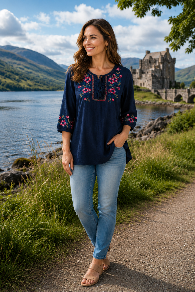 Tunic Embroidered Round Neck 3/4 Sleeve