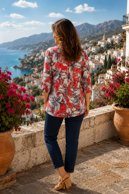 Top red bold flower print burnout