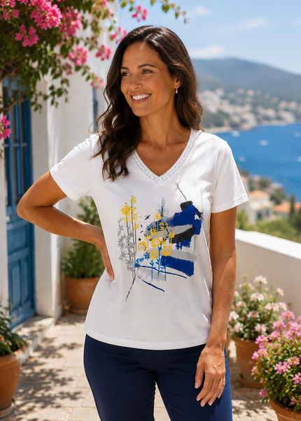 T shirt floral brush print braided V-neck