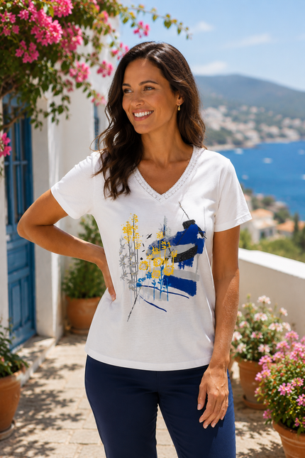 T shirt floral brush print braided V-neck