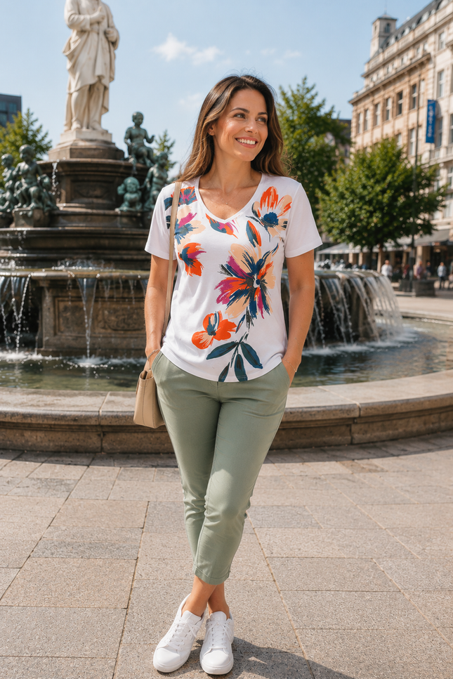 T-shirt bold flower print V neck short sleeve