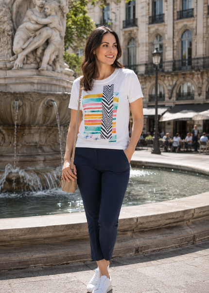 T shirt multi strip print braided neck line