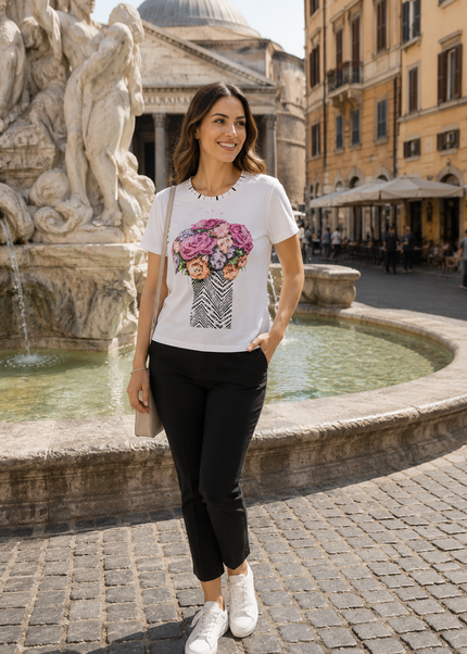 T shirt flower pot print braided neck
