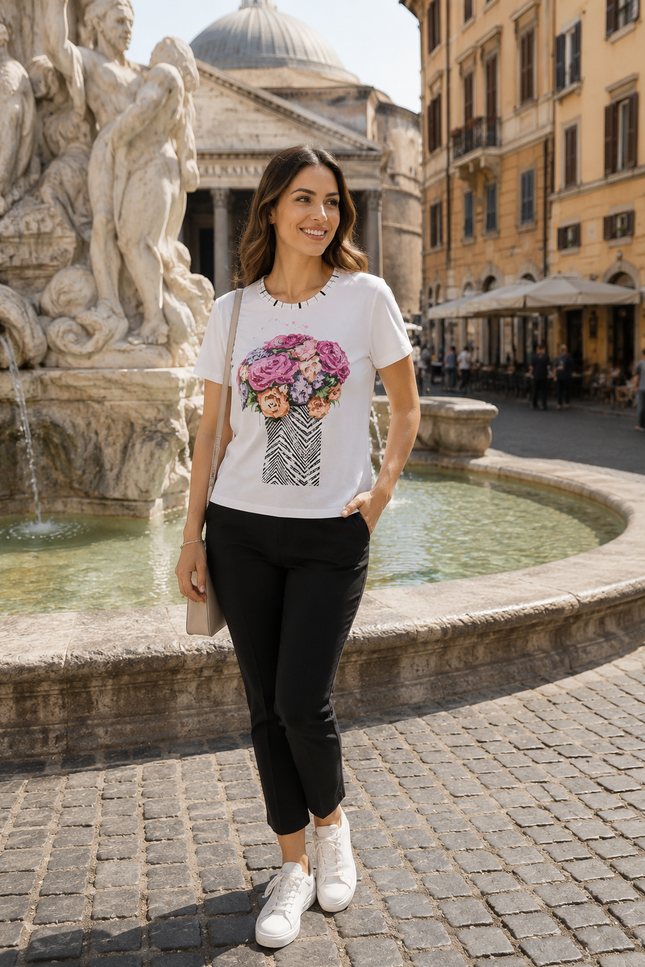 T shirt flower pot print braided neck