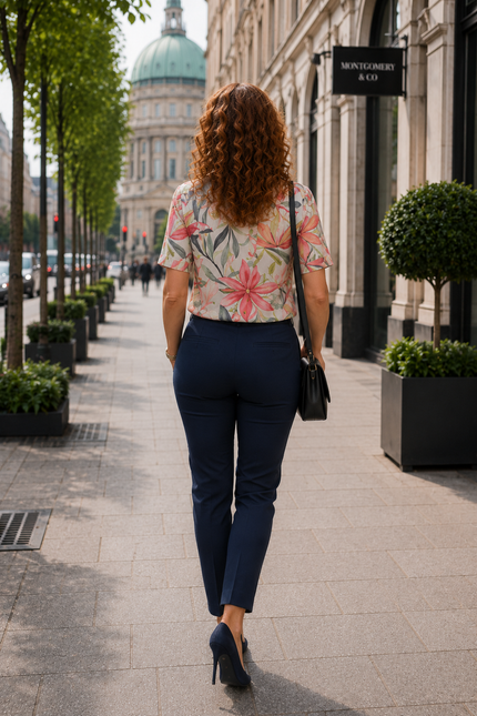 Top leaf print with collar short sleeve