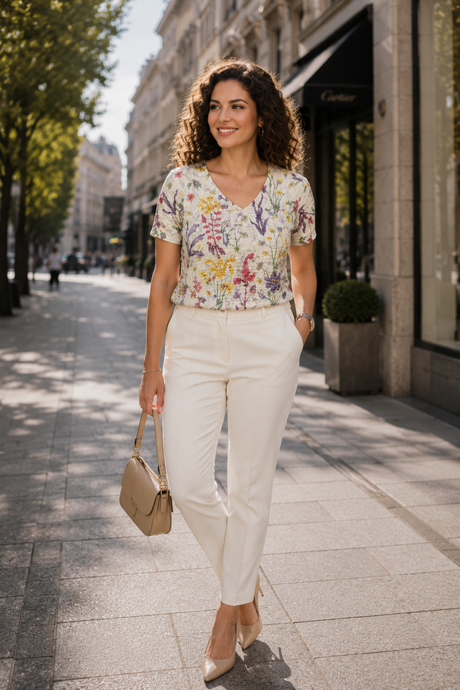 Top Tropical Print With Lace Front V-Neck
