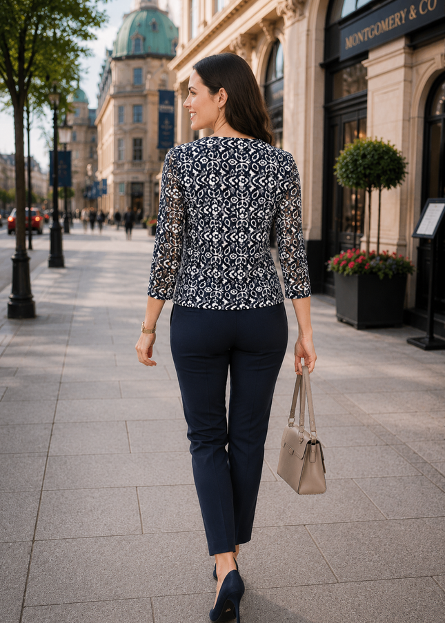 Top round neck lace with 3/4 sleeve