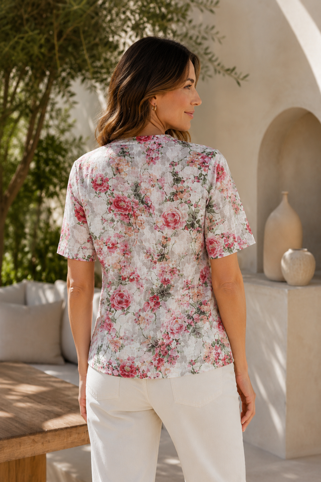Top Pink Print Pocket With Short Sleeve