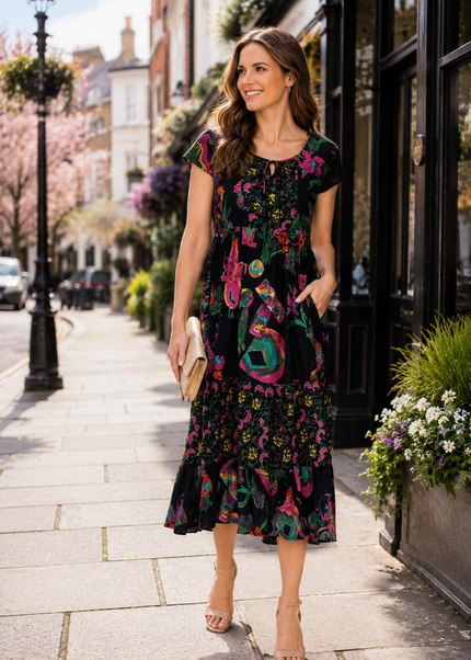 Dress floral border print round neck with