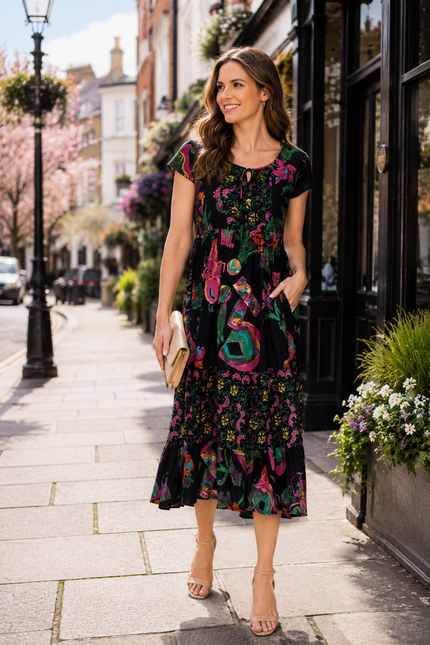 Dress floral border print round neck with