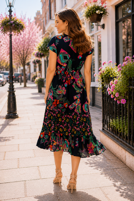 Dress floral border print round neck with
