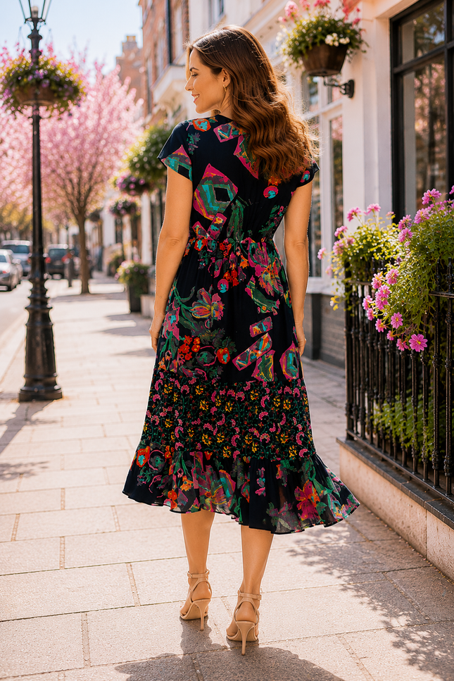 Dress floral border print round neck with