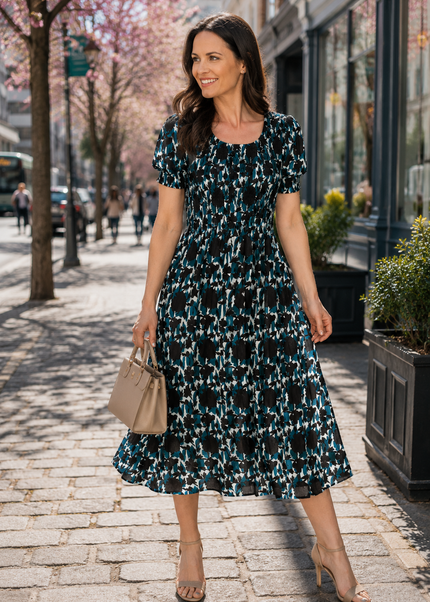 Dress leaf print round neck crinkle