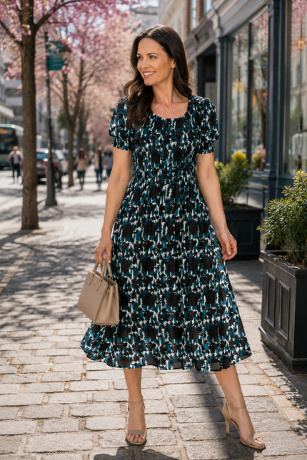 Dress leaf print round neck crinkle