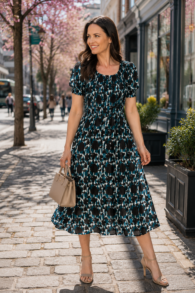 Dress leaf print round neck crinkle