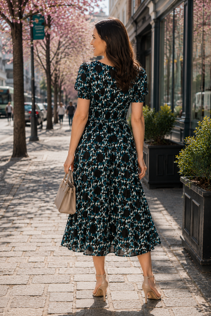 Dress leaf print round neck crinkle