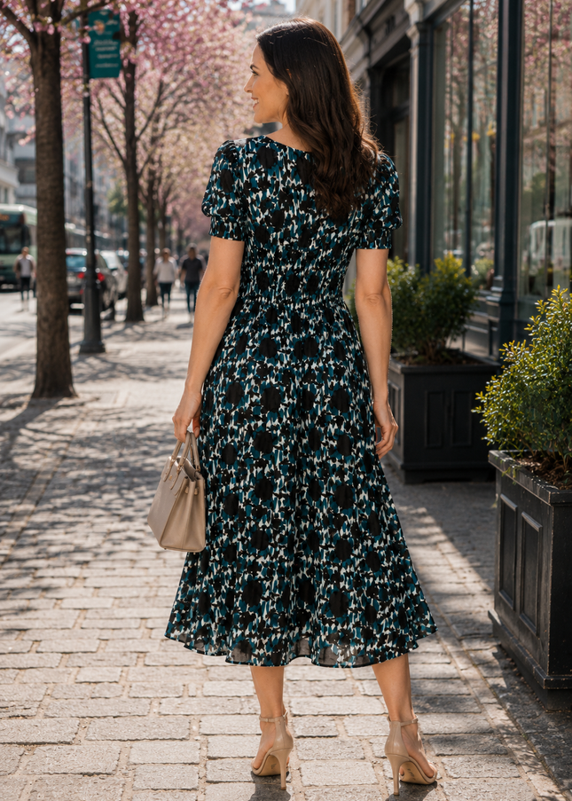 Dress leaf print round neck crinkle
