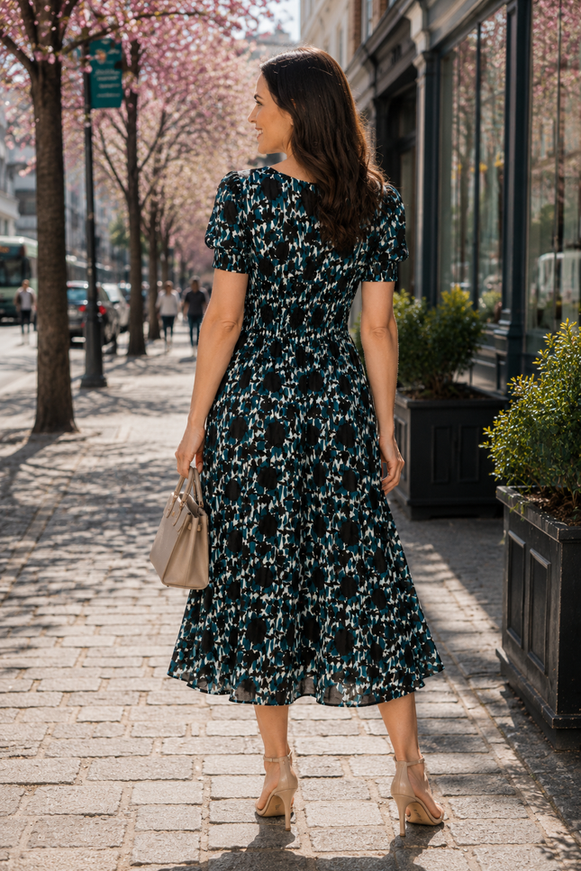 Dress leaf print round neck crinkle