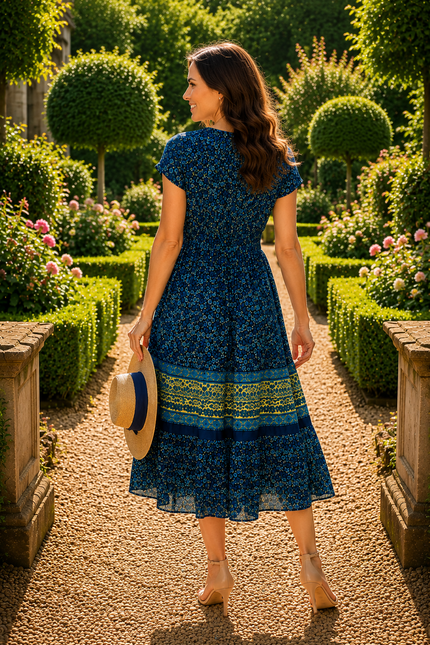 Dress border print round neck cap sleeve