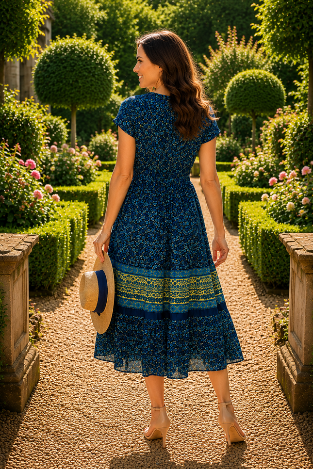 Dress border print round neck cap sleeve
