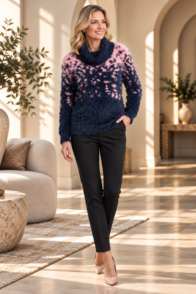 Jumper fluffy feather pattern with jump roll neck