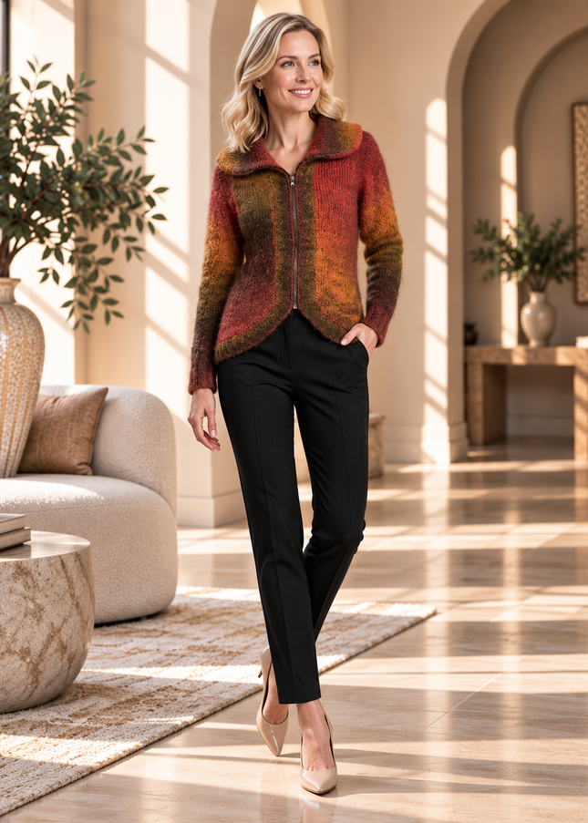 Cardigan curved hem zip with long sleeve
