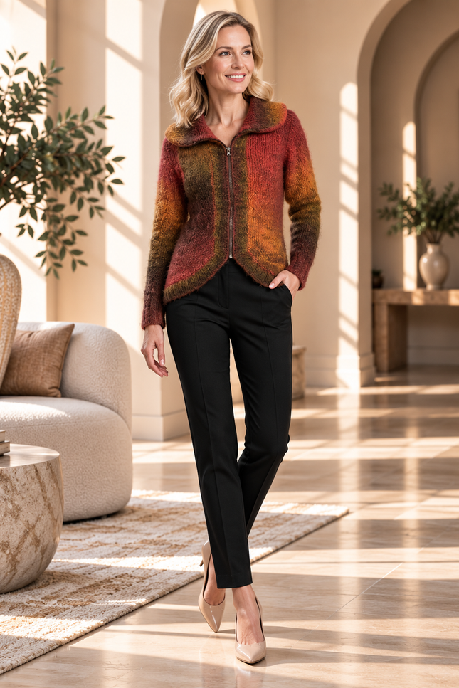 Cardigan curved hem zip with long sleeve