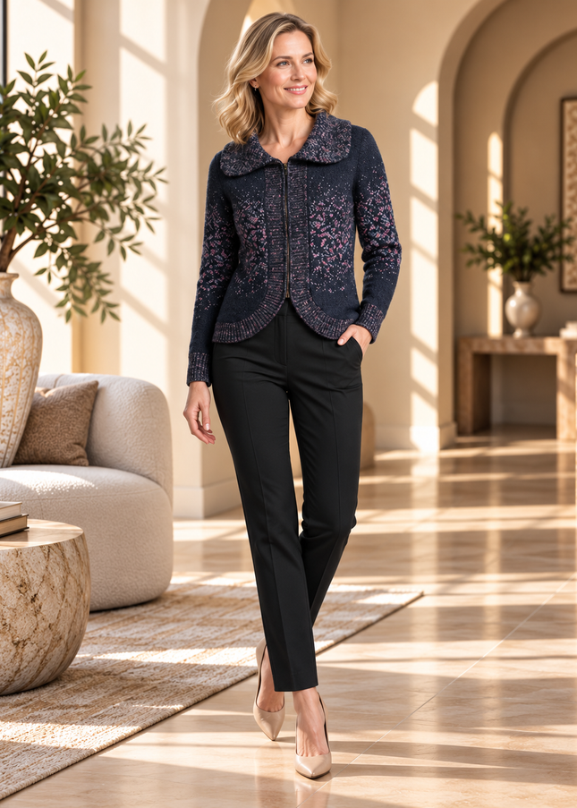 Cardigan curved hem long sleeve with speckle zip