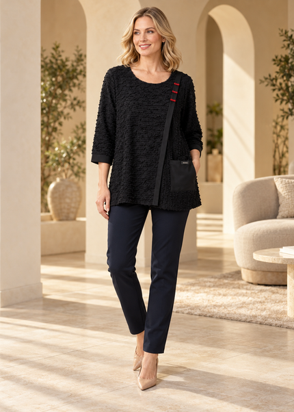 Top surface interest wrap effect with pocket and round neck