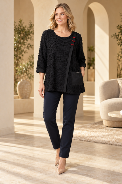 Top surface interest wrap effect with pocket and round neck