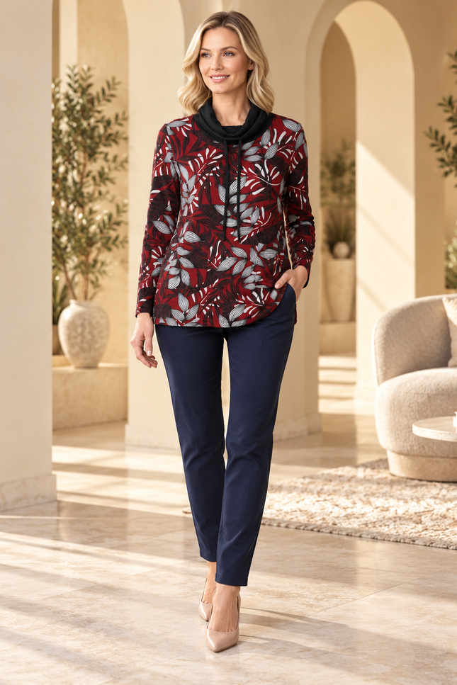 Top contrast cowl neck print long sleeve