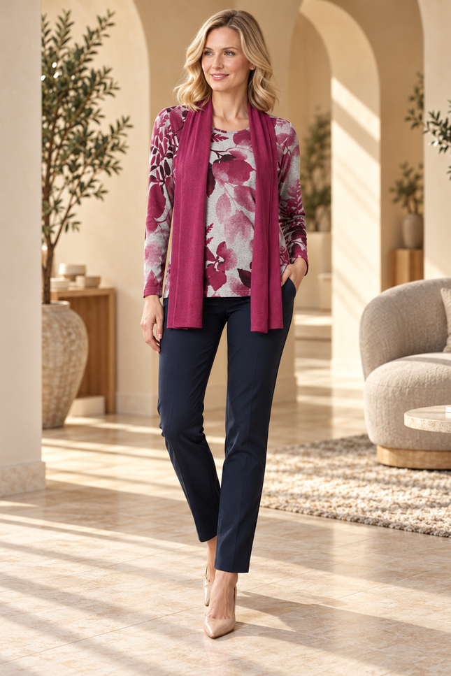 Top brushed leaf print with scarf long sleeve