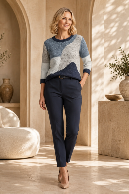 Jumper popcorn colour block round neck with 3/4 sleeve