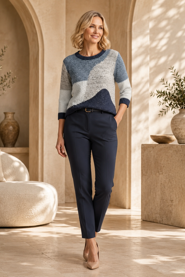 Jumper popcorn colour block round neck with 3/4 sleeve