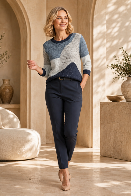Jumper popcorn colour block round neck with 3/4 sleeve