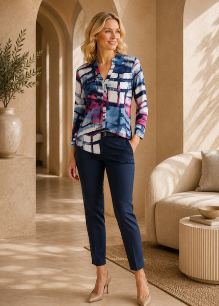 Top abstract print button placket and 3/4 sleeve