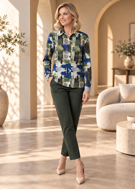 Blouse abstract print with collar and full sleeve
