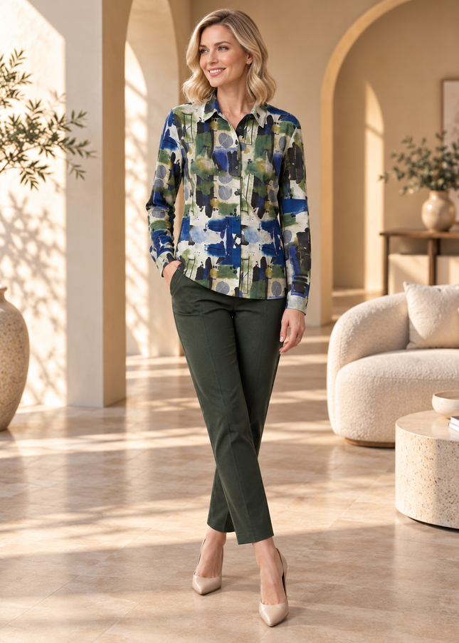 Blouse abstract print with collar and full sleeve